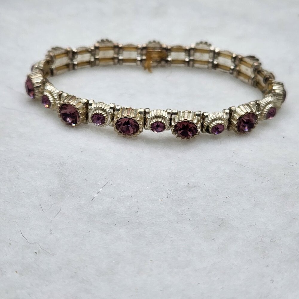 Costume Purple Rhinestone Silver Tone Tennis Stretch Bracelet